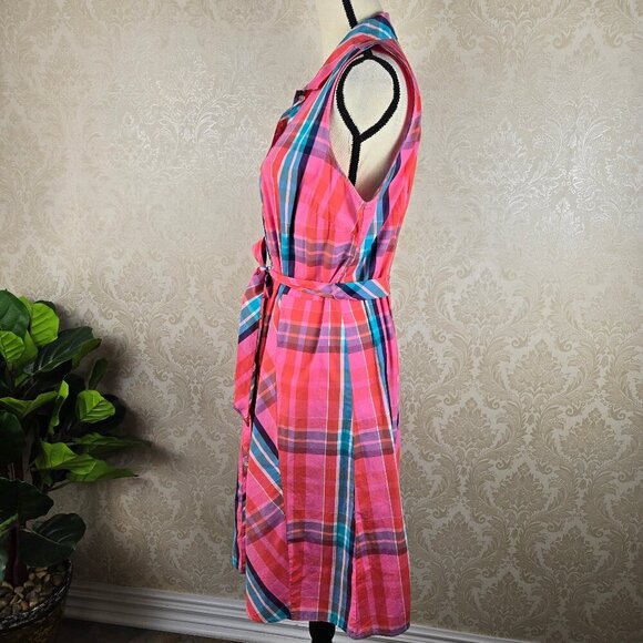 Tommy Hilfiger Size Large Pink Plaid Shirt Dress Button Front Sleevless Cotton - Picture 6 of 12